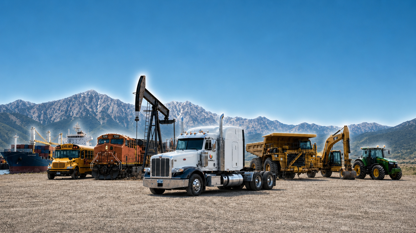 Fleet of heavy-duty trucks, train, ship, and oil pump in an industrial landscape