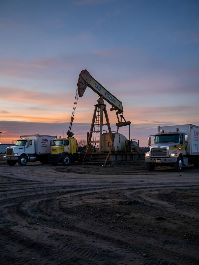 Oilfield pumpjack with service trucks at dusk