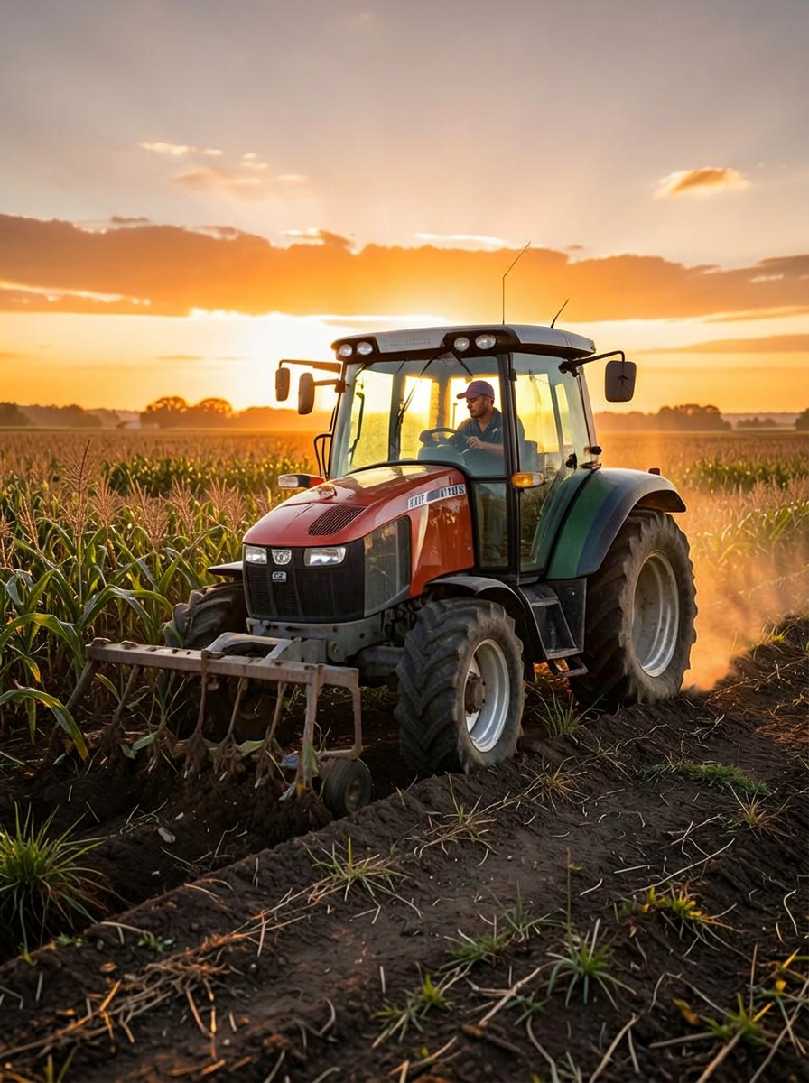 Farm tractor working a field at sunset