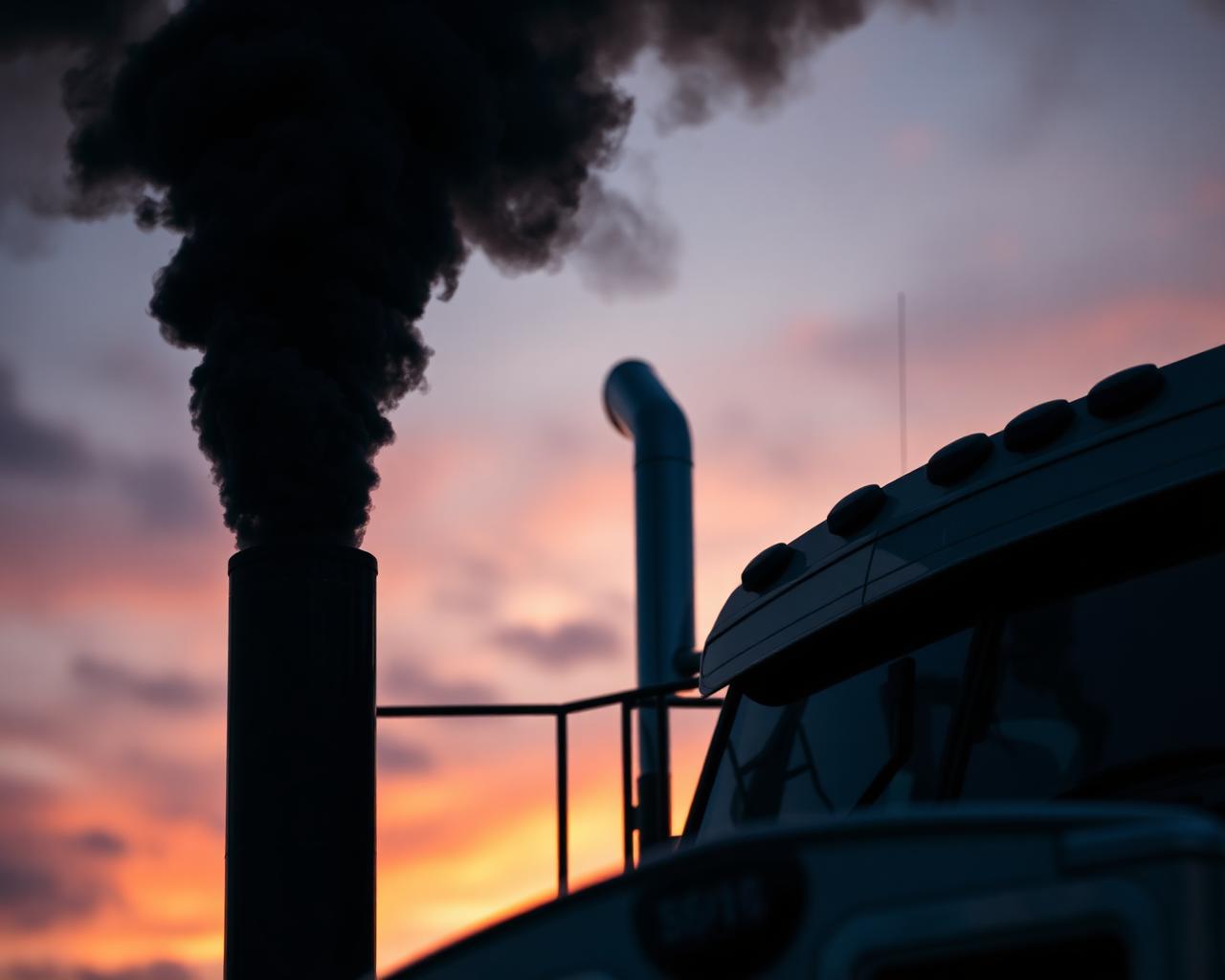 Black diesel exhaust smoke against a dusk sky