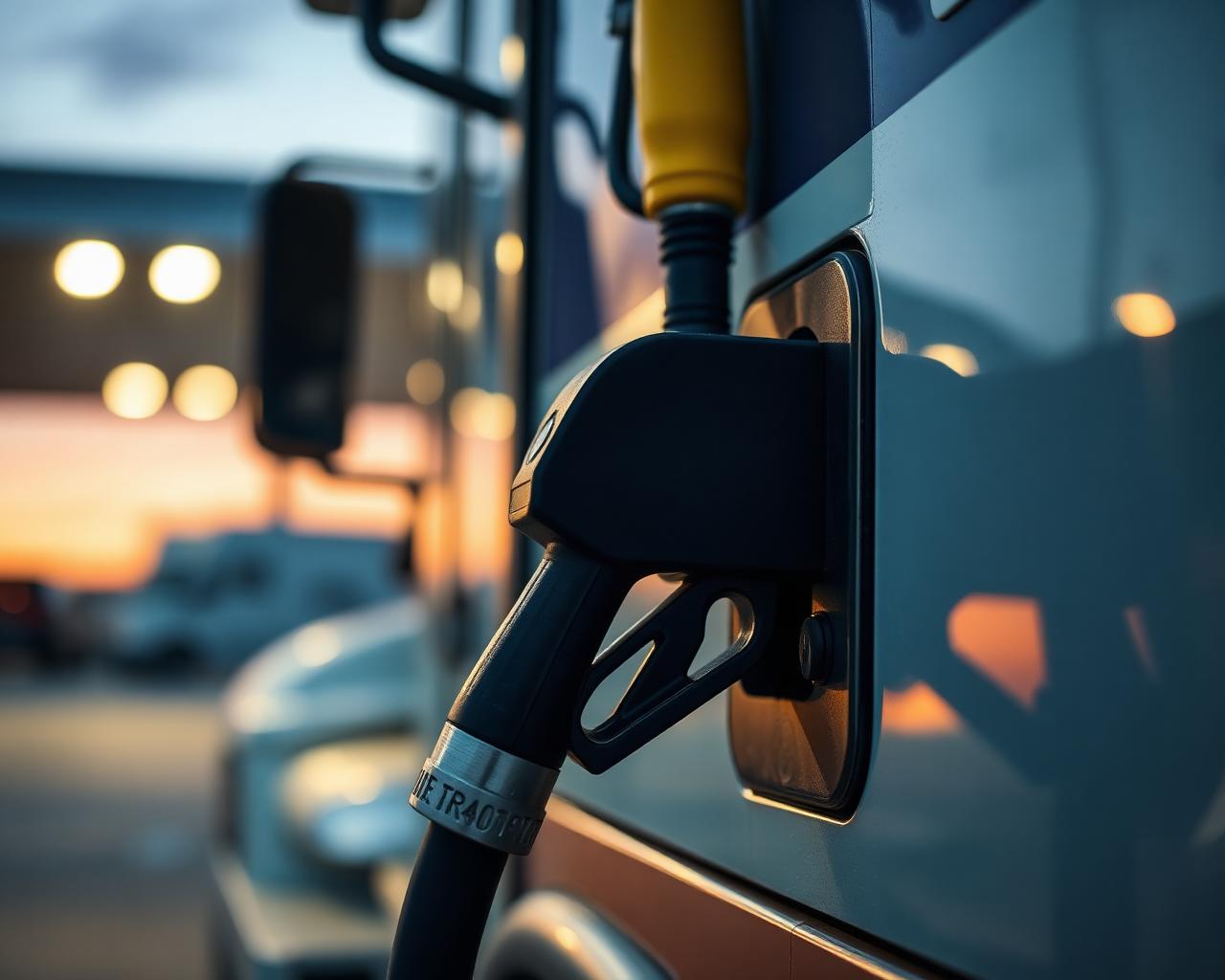Fuel pump nozzle inserted into a semi truck tank at dusk